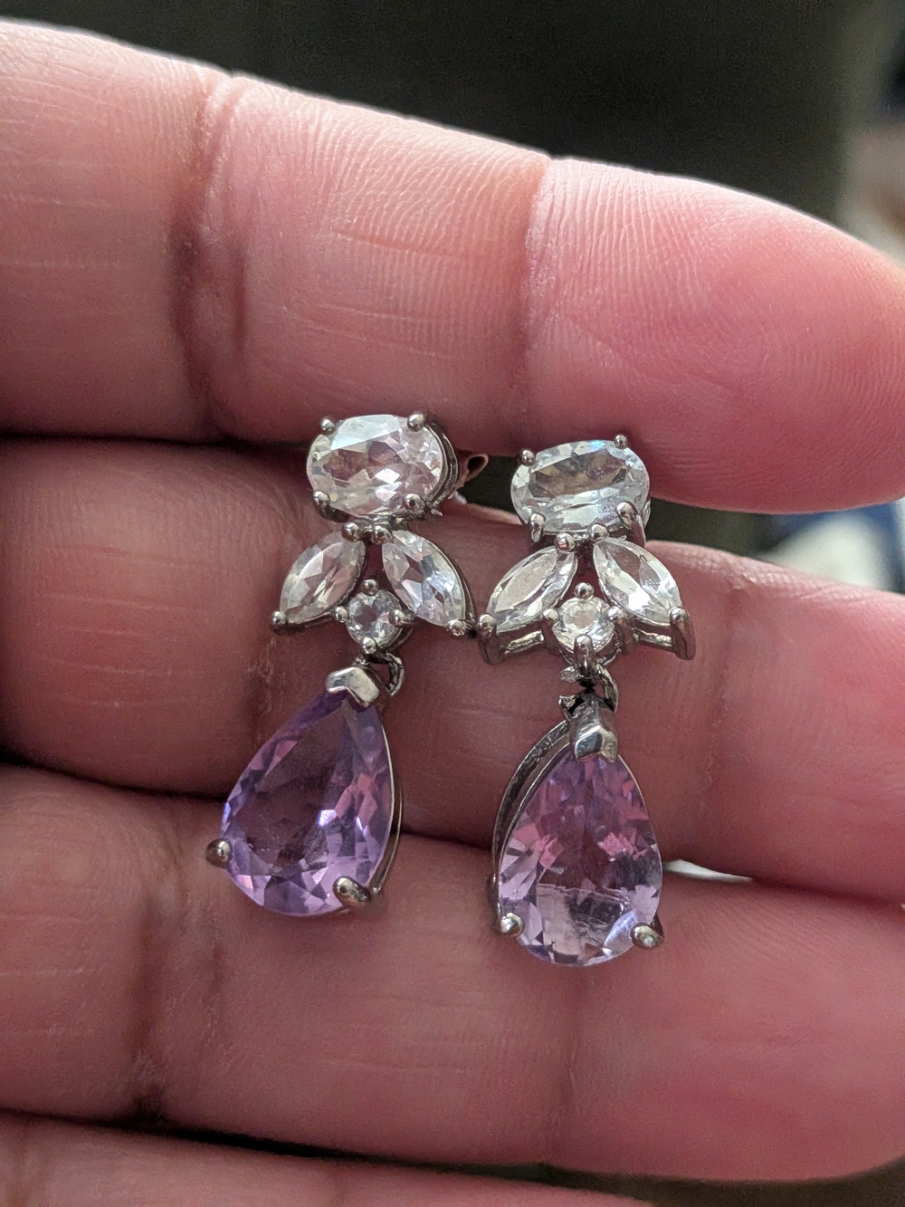 Sterling Silver Signed C★A Amethyst & Leucosapphire Drop Dangle Earrings